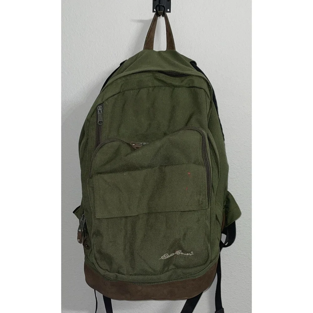 Vintage Eddie Bauer Suede Bottom‎ Backpack Green Travel Camping School Hiking